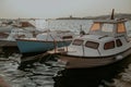 There are many yachts, boats and ships at sea. Marina at sunset Royalty Free Stock Photo