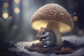 There is a mouse in the forest under a luminous mushroom in winter Royalty Free Stock Photo