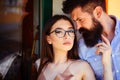 There are no rules in fashion. Couple of lovers with fashion style. woman and bearded man in love relations Royalty Free Stock Photo