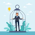 There is no way out for an idea. Invaluable potential. Creative crisis, sad man in cage, light bulb in bubble, problems Royalty Free Stock Photo