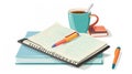 There are notebooks, pens, paper sheets, notes, records at work. There are also planners, sketchbooks, and coffee cups Royalty Free Stock Photo