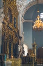 Interior of the ancient Orthodox Church of the icon of Our Lady of the Sign, Znamenskaya church in manor Dubrovitsy, Russia. Royalty Free Stock Photo