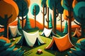 There are orange and green tents in a sunlit forest Royalty Free Stock Photo