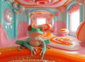 there is an orange and green toy frog sitting on an inflatable swimming mat Royalty Free Stock Photo