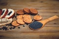 There are Pieces of Roll with poppyseed,Cookies,Halavah,Chocolate Peas,Tasty Sweet Food Royalty Free Stock Photo