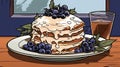 There is a plate with pancakes, syrup, and blueberries stacked. (Generative AI