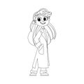 There is a pretty and hilarious girl who is dressed in clothes that look like what doctors wear. Childrens coloring page Royalty Free Stock Photo