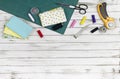 Quilting, embroidery and sewing tools on the white wooden background. patchwork knife, scissors, lined cutting mat, self-locking, Royalty Free Stock Photo