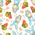 rabbits blue bunnies rainbow star twig leaves carrot bow pattern