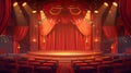 There are red curtains over the stage, spotlights and empty rows of seats. Theater interior with luxury velvet drapes Royalty Free Stock Photo