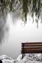 There is a red unmanned bench under the willow trees on the quiet lakeside of the beautiful snowscape of the campus