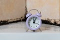 There`s a clock in the shower stall. On the background of silicone putty, black from mold. The concept of old age and the passage