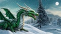 There\'s a dragon sitting in the snow. Green Christmas dragon in the woods, generated AI Royalty Free Stock Photo