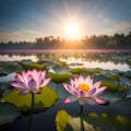 The blooming lotuses on the lake are a beautiful sight.