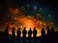 There are seven people standing together in circle. They appear to be looking up at something above them, possibly starry sky or Royalty Free Stock Photo