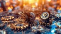 There are several gears and cogs arranged in circle. They are shiny and brightly lit, creating an interesting visual Royalty Free Stock Photo