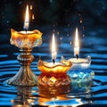 There are several types of candle holders placed on the surface of the water.