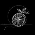 There is a simple illustration of an orange, depicted in black and white, featuring a leaf on its upper part.