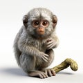 There is small monkey sitting on top of stick. The monkey appears to be holding onto stick with its hands and looking