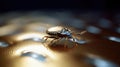 There is small spider on top of shiny metal surface. The spider appears to be standing or walking on metal surface with