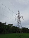 There are some birds sitting on top of an electric tower in the evening Royalty Free Stock Photo