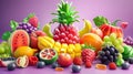 There is a splash of juice on top of the tropical fruits. Watermelon, banana, pineapple, strawberry, orange, mango, lime Royalty Free Stock Photo