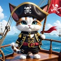 There is a striking sight on the bow of the ship - a one-eyed pirate cat with a full body perched proudly, holding a pirate flag Royalty Free Stock Photo