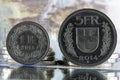 There are Swiss coins and a banknote Royalty Free Stock Photo