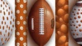 There are textures of American football, golf and basket balls on a white background with round dimples. Modern Royalty Free Stock Photo
