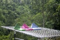 there are three cushions on a lounge made of rope netted over the edge of a ravine in the forest Royalty Free Stock Photo