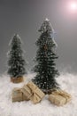 There are two Christmas trees in the snow. gifts in craft packaging under the tree Royalty Free Stock Photo