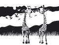 Two giraffes in savannah in black and white design