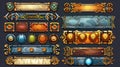There are two modern sets here: a set of medieval game menu frames, UI elements, buttons, plaques. Gold, silver, and