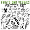 Fruits and Veggies Vector Set with apples, oranges, grapes, bacon, eggs, pears, and bread.