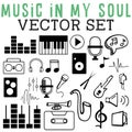 Music In My Soul Vector Set with keyboards, music notes, headsets, microphones, cassette tapes, guitars, and saxophones.. Royalty Free Stock Photo