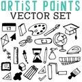 Artist Paints Vector Set with paint, brushes, graduation caps, scissors, kites, calendars, books, irons, and pencils.