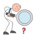 There is a very minor problem and the stickman businessman examines the tiny question mark with a magnifying glass, hand drawn