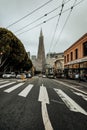 there is a view of a steep street on a cloudy day