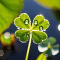 There are water droplets on the leaves the background is the river, there is sunlight shining on the four-leaf clover Royalty Free Stock Photo