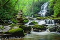 There is a waterfall behind and a pile of rocks in the foreground Royalty Free Stock Photo