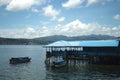 there were two speed boats in the sea near the bridge which also had a lot of people Royalty Free Stock Photo