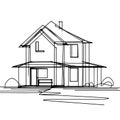 There is a white background with a simple representation of a house in abstract line form.