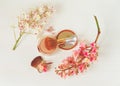 There White and Pink Branches of Chestnut Tree,Bronze Powder with Mirrow and Make Up Brush are on White Table,Top View.Toned Royalty Free Stock Photo