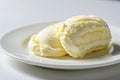 Two balls of cream ice cream on a white plate,Generative AI Royalty Free Stock Photo