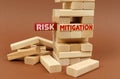 There is a wooden tower on a brown surface. On the red block there is an inscription Risk, on the next block MITIGATION