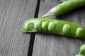 There is a worm in a pea pod. A worm in green pea beans. Spoiled peas. Ecology - peas without pesticide treatment. Peas Royalty Free Stock Photo