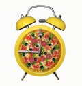 Yellow alarm clock with pizza