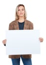 Theres something you should know...Studio shot of a young woman holding up a sign with blank copyspace.