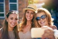 Theres always time for a selfie. three young girlfriends taking selfies while outdoors.