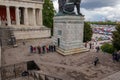 Theresienwiese, munich, germany, 2019 april 27: people standing in a queue for entry of the bavaria in munich, normally it`s not